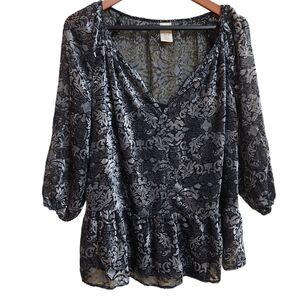 Black Velvet Burnout Top Sheer Metallic Silver Floral Peplum‎ Size Large 12-14